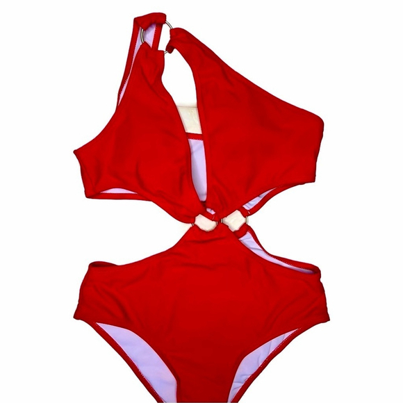 SHEIN Women’s One Shoulder Cut-Out Swimsuit – O-Ring Accents, Red, Size Small - Picture 4 of 7